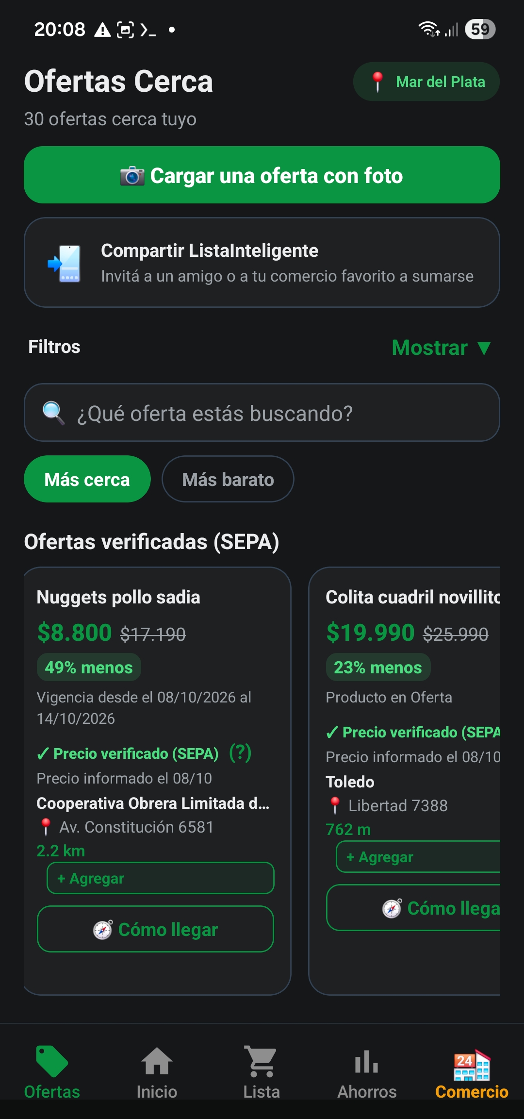 Pantalla de ofertas cercanas