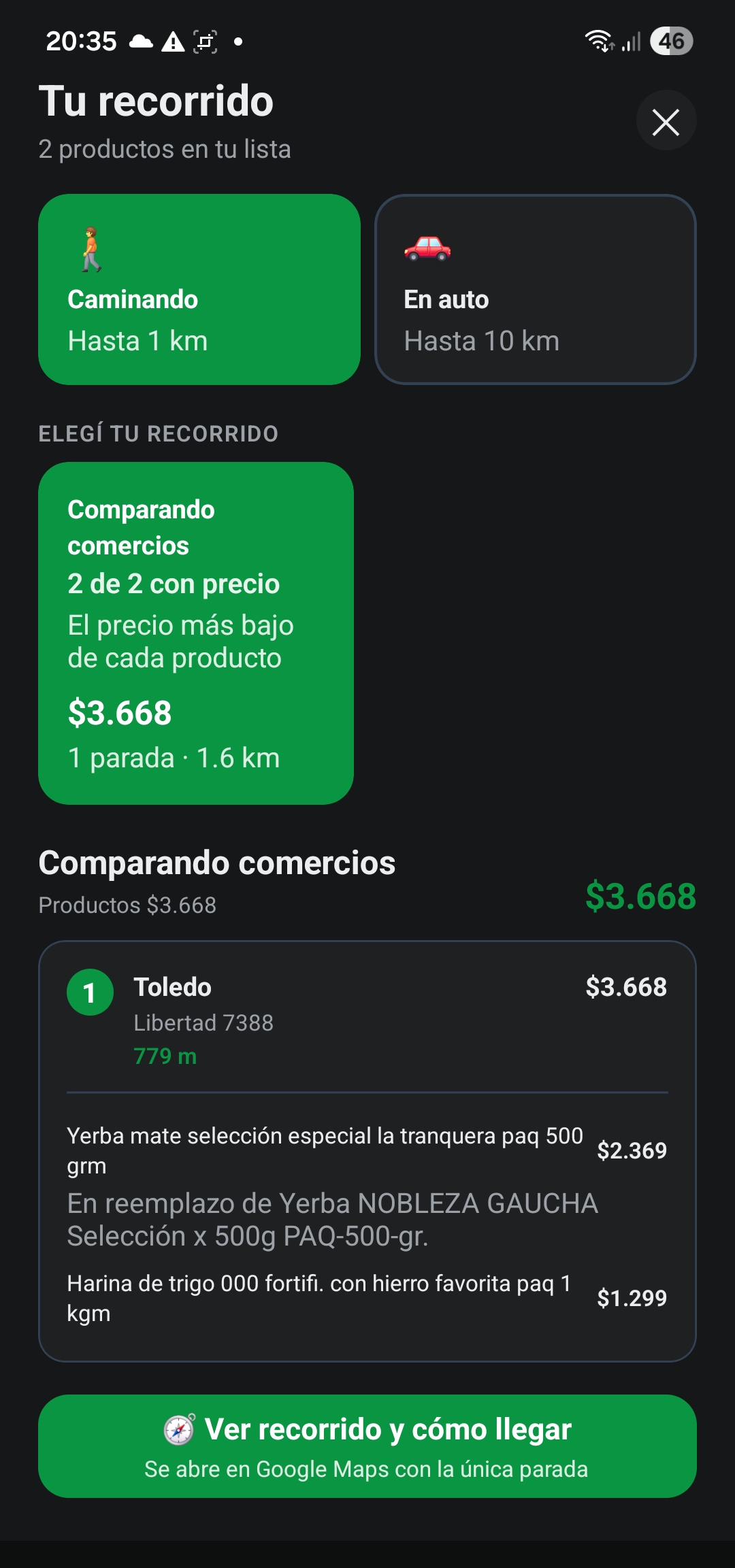 Recorrido de compra con las paradas
